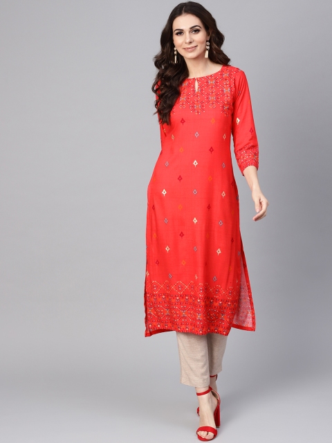 

Libas Women Red Printed Straight Kurta
