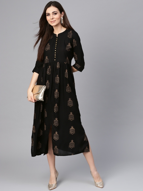 

Libas Women Black & Golden Block Print A-Line Dress