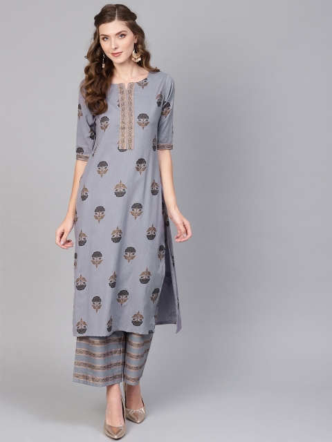 

Libas Women Grey & Golden Block Print Kurta with Palazzos