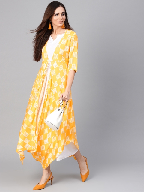 

Libas Women White & Yellow Solid Layered A-Line Dress