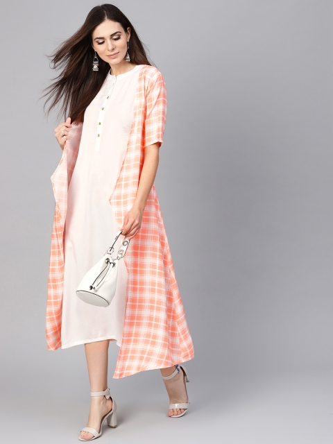 

Libas Women White & Peach-Coloured Layered Solid A-Line Dress