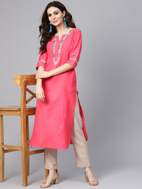 

Libas Women Pink Yoke Design Straight Kurta