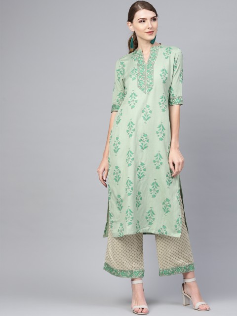 

Libas Women Green & Beige Printed Kurta with Palazzos