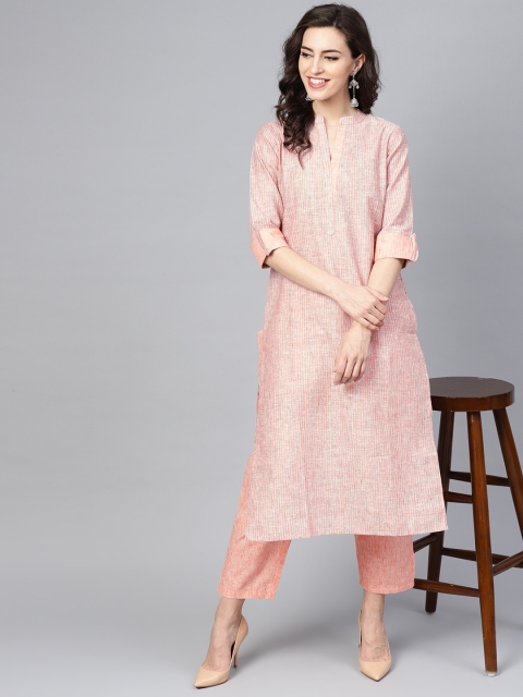 

Libas Women Peach-Coloured & Grey Striped Kurta with Trousers