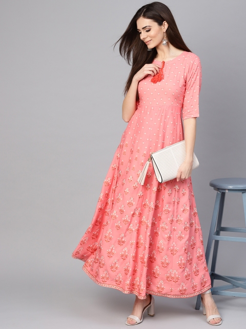

Libas Women Pink & White Block Print Maxi Dress