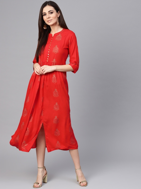 

Libas Women Red & Golden Block Print A-Line Dress