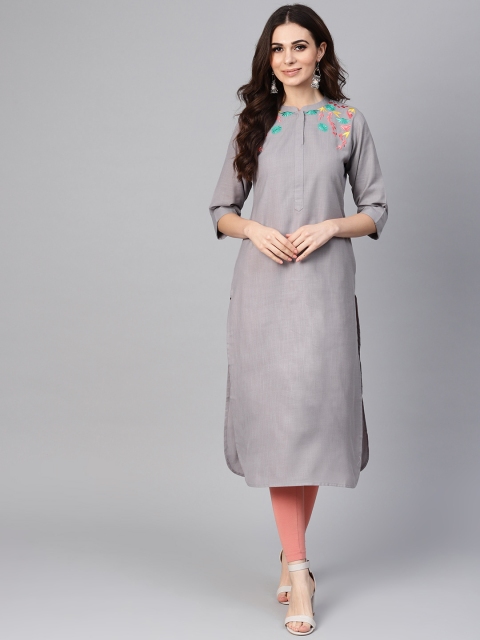 

Libas Women Grey Floral Yoke Design Straight Kurta