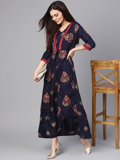 

Libas Women Navy Blue & Golden Block Print Maxi Dress