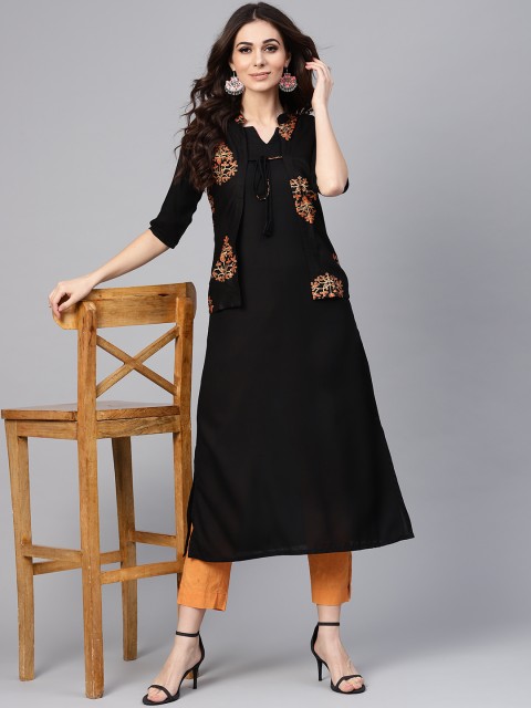 

Libas Women Black Solid A-Line Kurta with Printed Ethnic Jacket