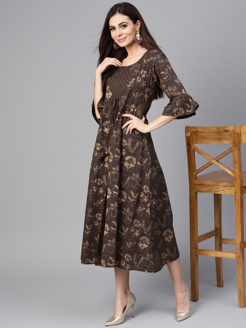 

Libas Women Coffee Brown & Gold Block Print Layered A-Line Dress