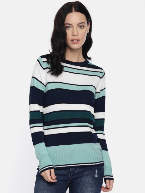 

Akiva Women White & Navy Striped Lightweight Pullover Sweater