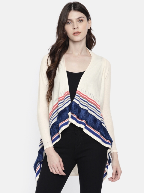 

Akiva Women Cream-Coloured & Navy Striped Open Front Shrug