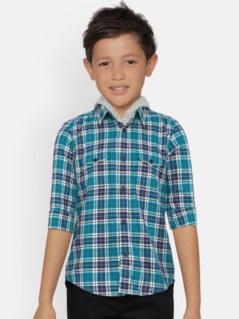 

Indian Terrain Boys Turquoise & Navy Blue Regular Fit Checked Casual Shirt, Turquoise blue