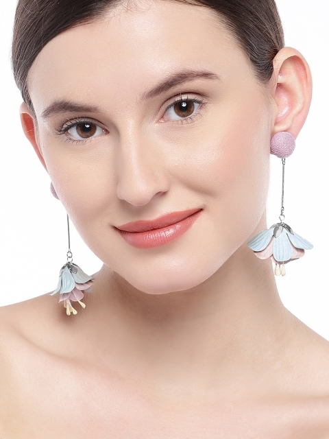 

OOMPH Silver-Toned & Pink Contemporary Drop Earrings