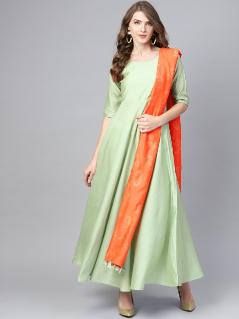 

Libas Women Green & Orange Solid Chanderi Kurta with Trousers & Dupatta