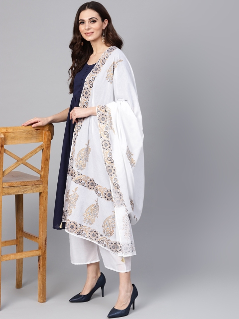 

Libas Women Navy Blue & White Solid Kurta with Trousers & Dupatta