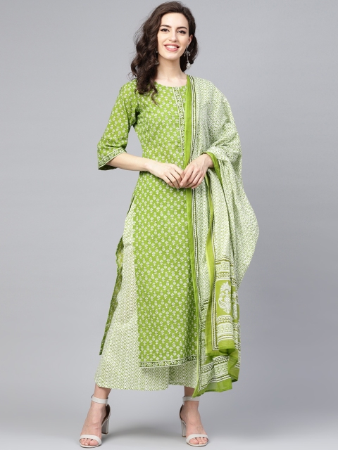 

Libas Women Green & White Printed Kurta with Palazzos & Dupatta