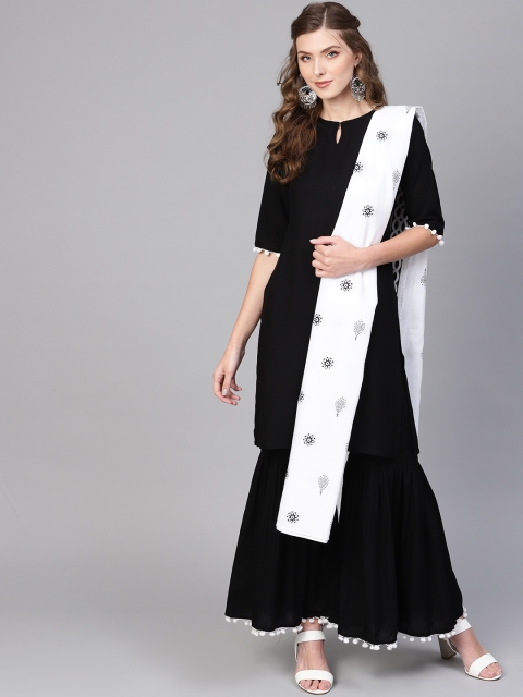 

Libas Women Black & White Solid Kurta with Sharara & Dupatta