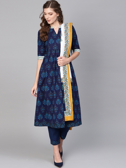 

Libas Women Blue & Green Block Print Kurta with Trousers & Dupatta