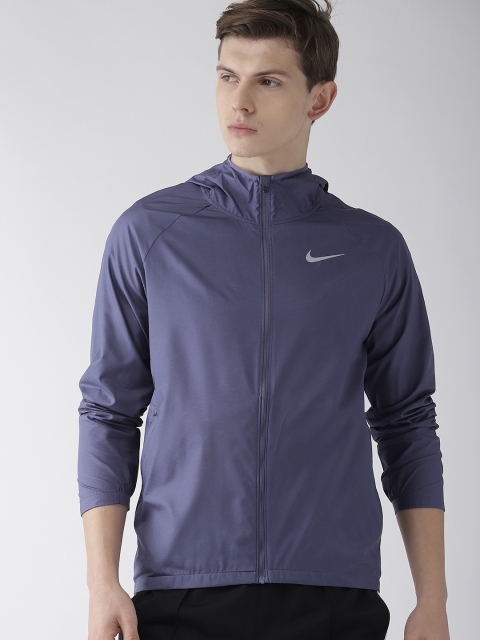 

Nike Men Purple Self Design AS ESSNTL Repel Sporty Hooded Running Jacket