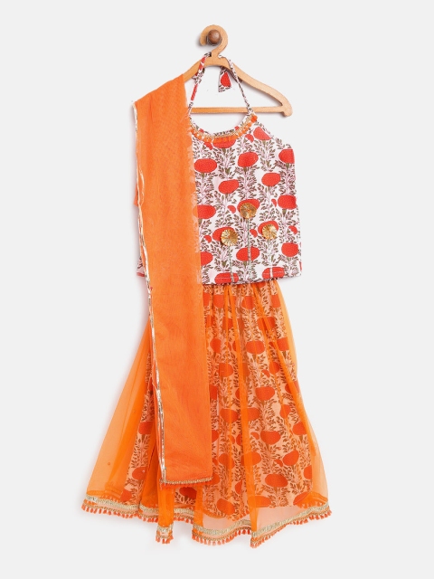 

pspeaches Orange & White Printed Ready to Wear Lehenga & Blouse with Dupatta