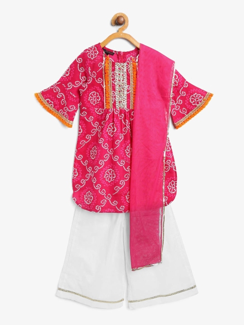 

pspeaches Girls Magenta & White Printed Handloom Kurta with Palazzos & Dupatta
