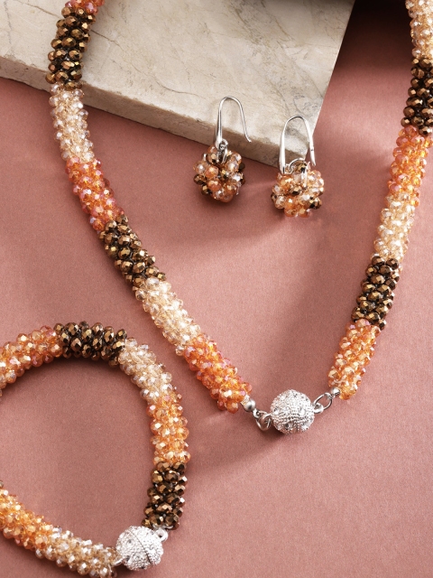 

Jewels Galaxy Peach-Coloured & Beige Copper-Plated Beaded Jewellery Set