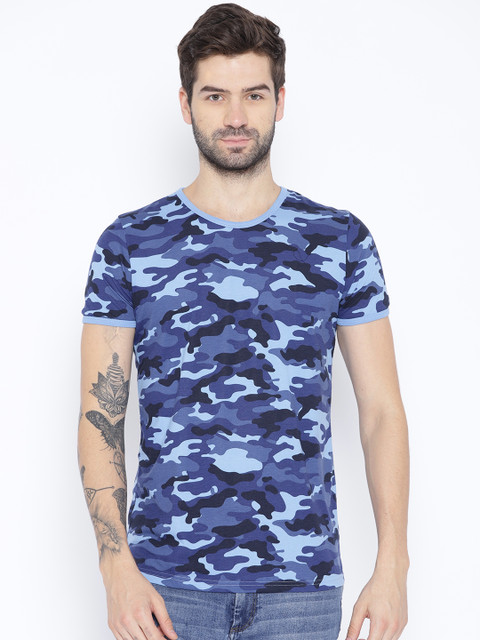 

Unisopent Designs Men Blue Camouflage Print Round Neck T-shirt