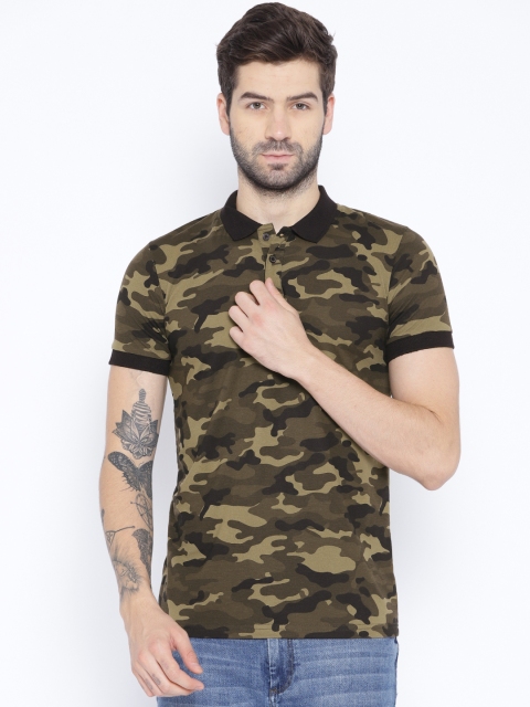 

Unisopent Designs Men Olive Green Camouflage Print Polo Collar T-shirt