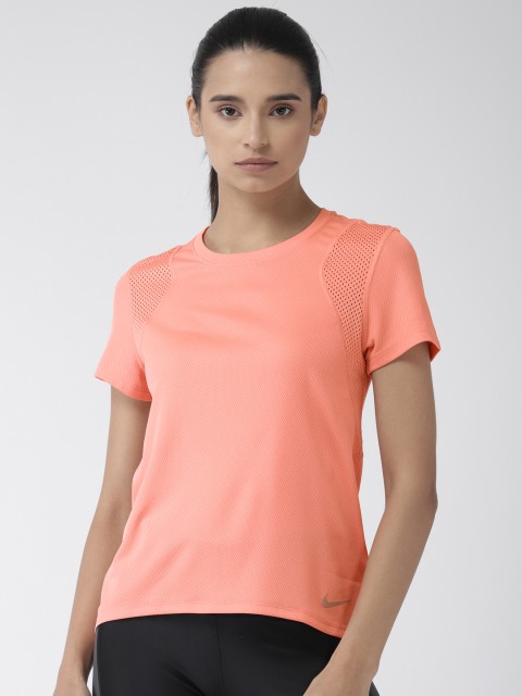 

Nike Women Pink Solid Round Neck DRI-FIT Running T-shirt