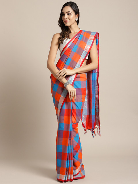 

7Rainbow Orange & Blue Checked Saree