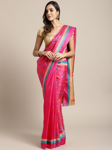 

7Rainbow Pink & Beige Printed Bandhani Saree