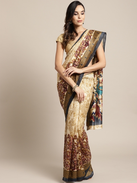 

7Rainbow Beige & Navy Blue Printed Kota Saree