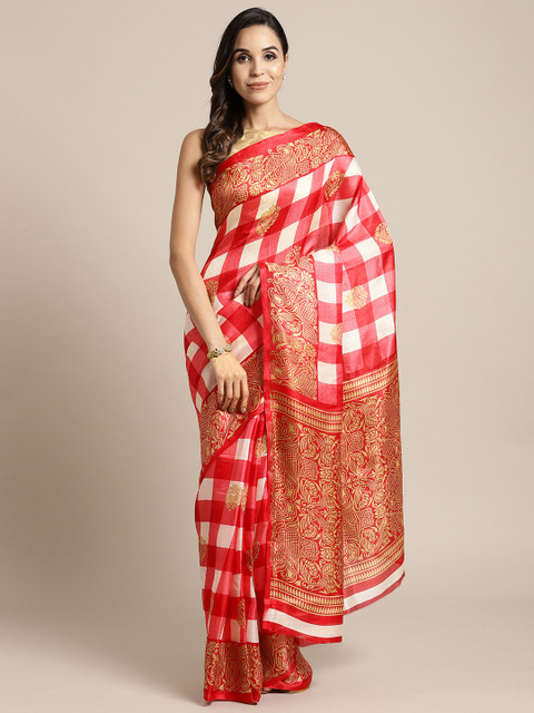 

7Rainbow Off-White & Red Checked Saree