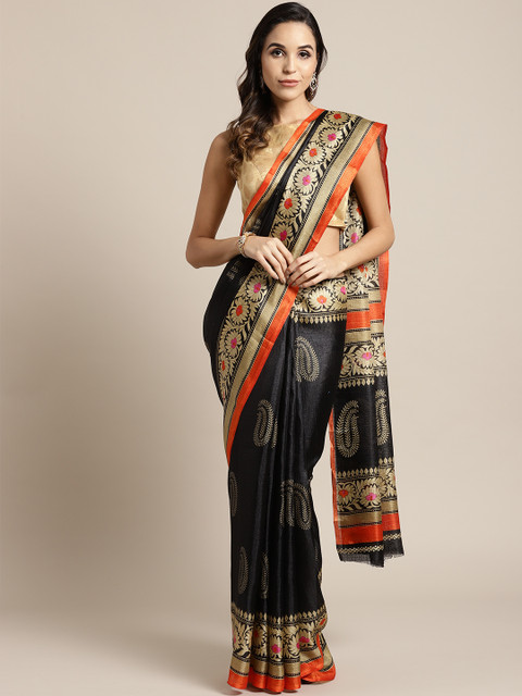 

7Rainbow Black & Beige Printed Art Silk Saree
