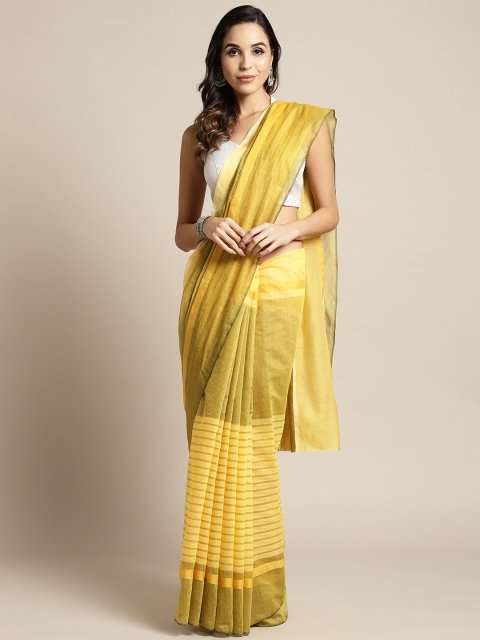 

7Rainbow Yellow & Olive Green Striped Tussar Saree