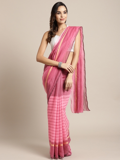 

7Rainbow Pink Striped Tussar Saree