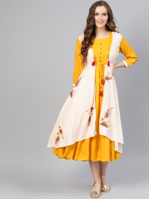 

ANAISA Women Mustard Yellow & Off-White Layered A-Line Dress