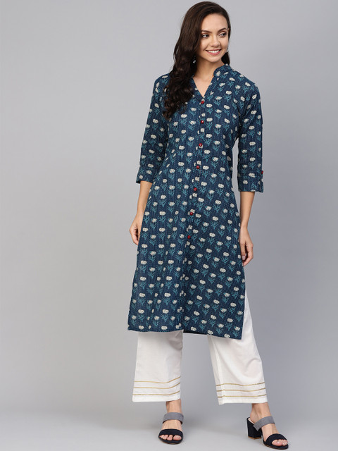 

ANAISA Women Navy Blue & White Printed Kurta with Palazzos
