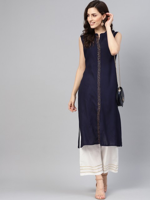 

ANAISA Women Navy Blue & White Solid Kurta with Palazzos
