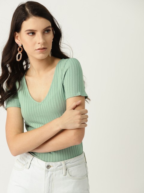 

MANGO Women Sea Green Self-Striped Fitted Top
