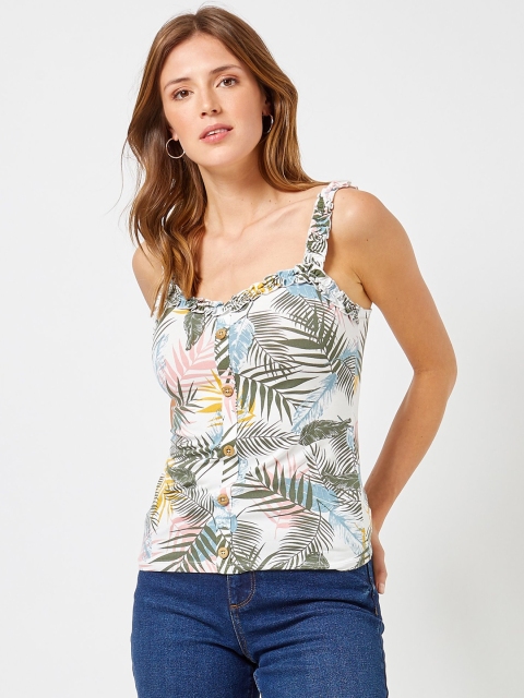 

DOROTHY PERKINS Women Off-White & Olive Green Tropical Print Top