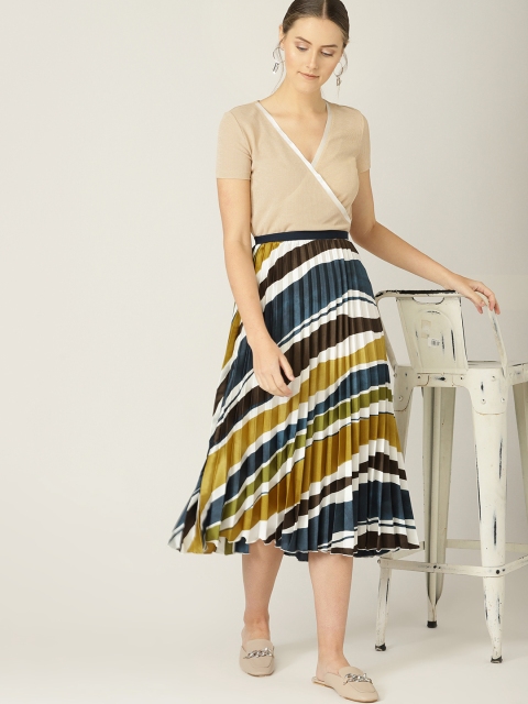 

MANGO Women White & Teal Blue Striped Accordion Pleats A-line Skirt