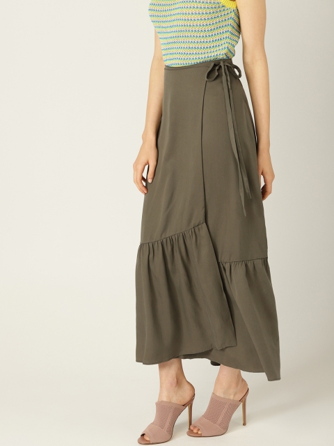 

MANGO Women Olive Green Solid Maxi Wrap Skirt