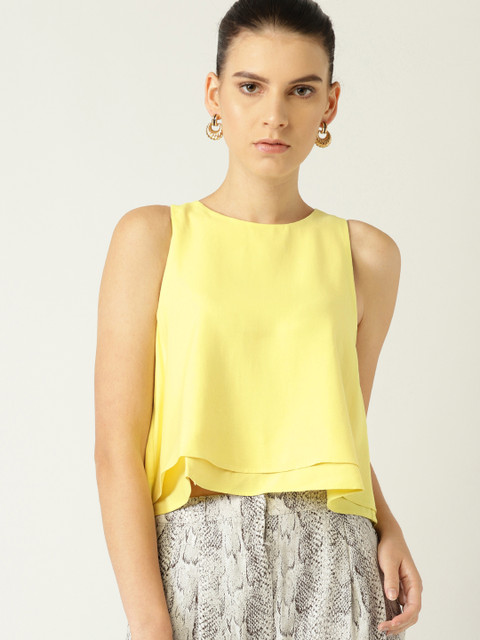 

MANGO Women Yellow Solid A-Line Layered Crop Top