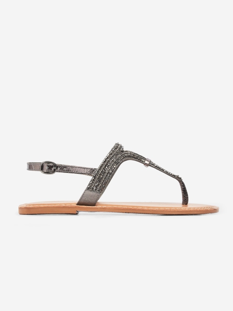 

DOROTHY PERKINS Women Gunmetal-Toned Embellished T-Strap Flats, Metallic