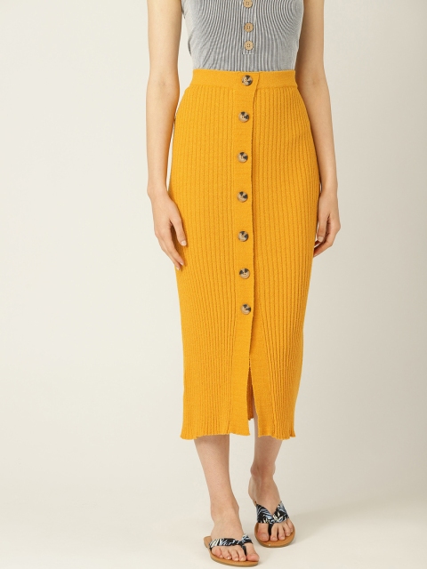 

MANGO Women Mustard Yellow Self-Striped Midi Pencil Skirt