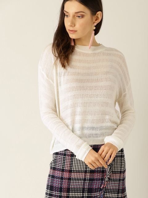 

MANGO Women Off-White Self-Striped Semi-Sheer Winter Top