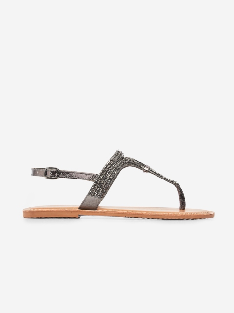 

DOROTHY PERKINS Women Gunmetal-Toned Embellished T-Strap Flats, Metallic