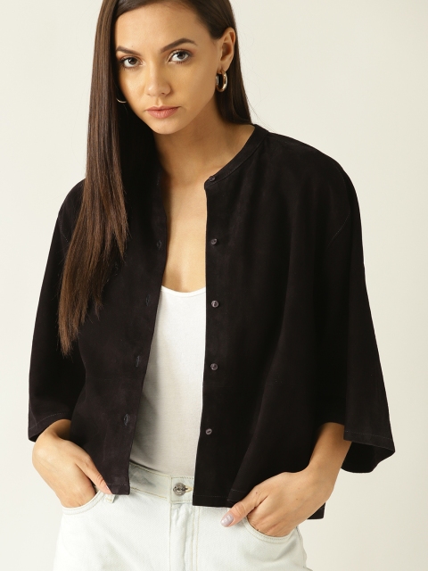 

MANGO Women Black Solid Leather Jacket